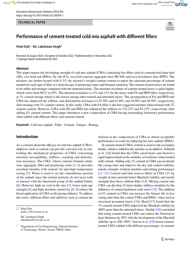 Performance of Cement Treated Cold Mix Asphalt With Different Fillers ...