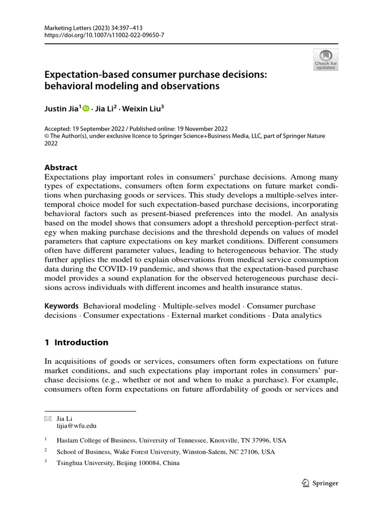 Expectation based consumer purchase decisions behavioral modeling and