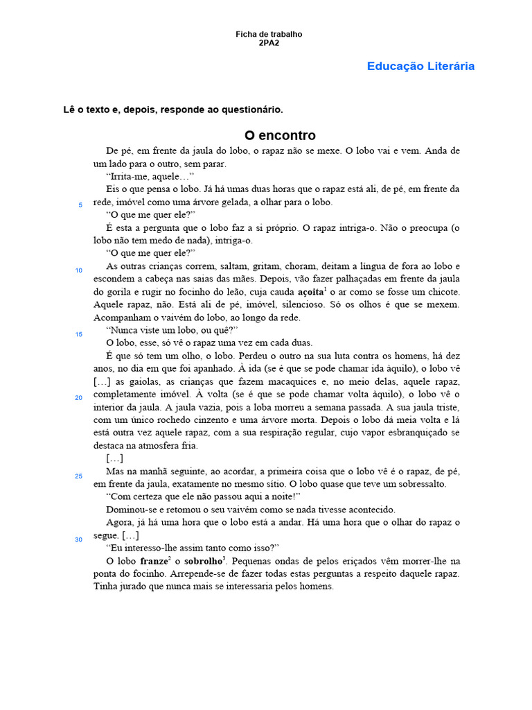 Texto Narrativo - Ficha de Trabalho 2pa2 | PDF