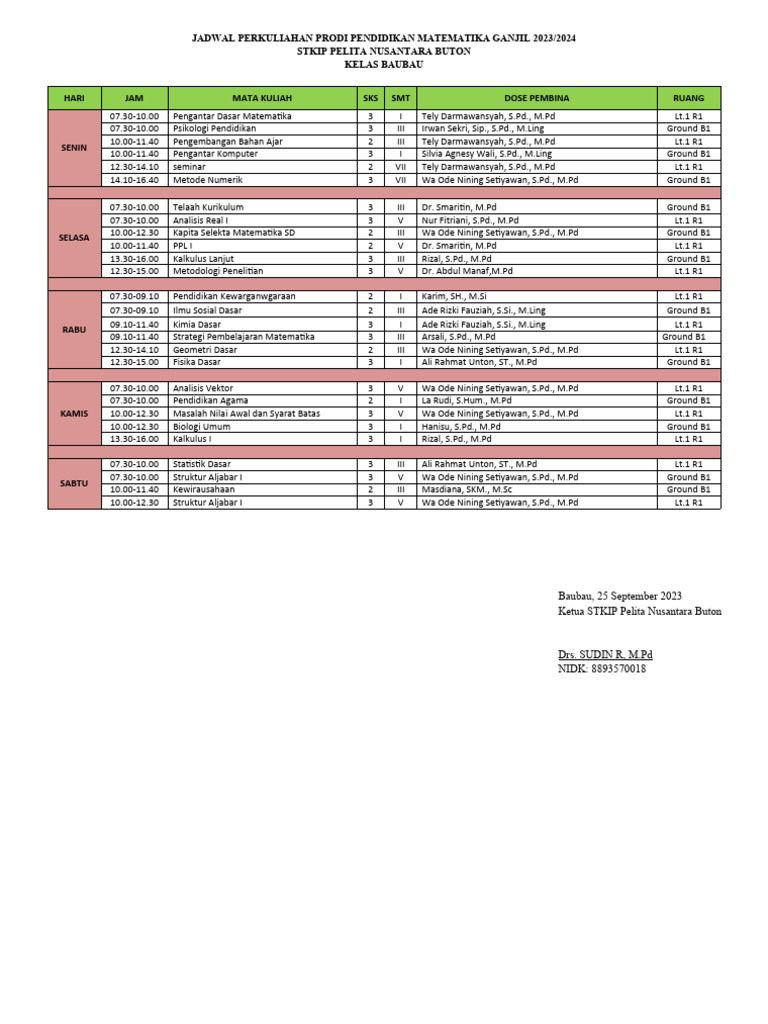 Jadwal Kuliah Pendidikan Matematika 2023 | PDF