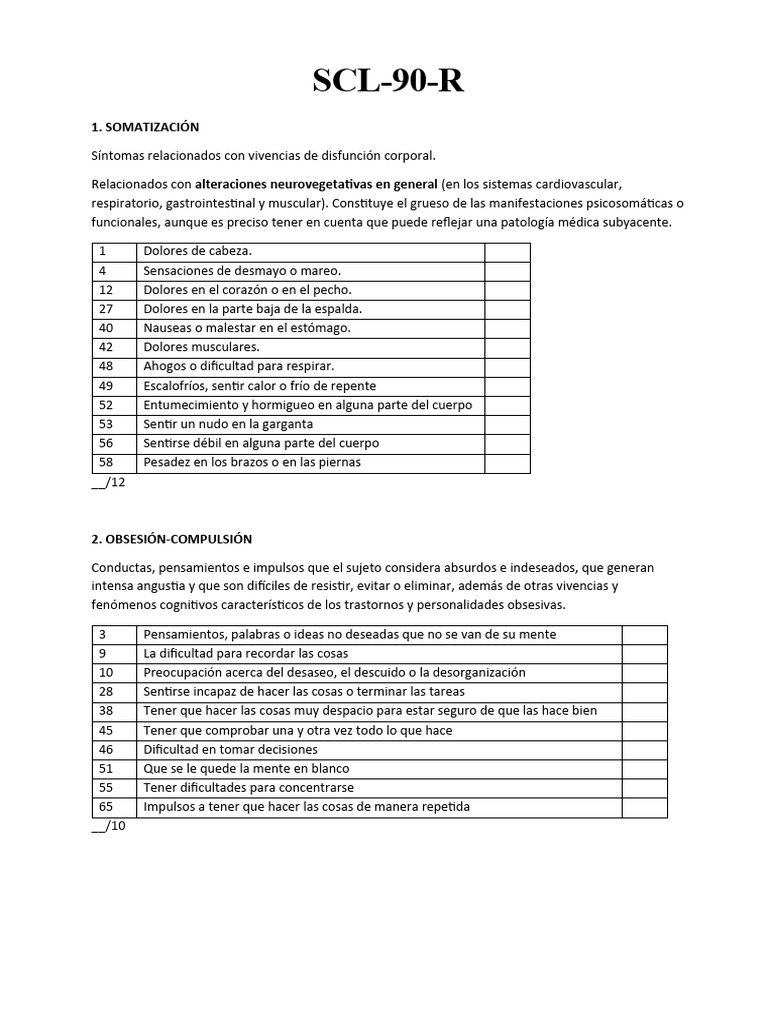 Evaluación SCL-90-R: Síntomas Psicológicos | PDF | Depresión (estado de ...