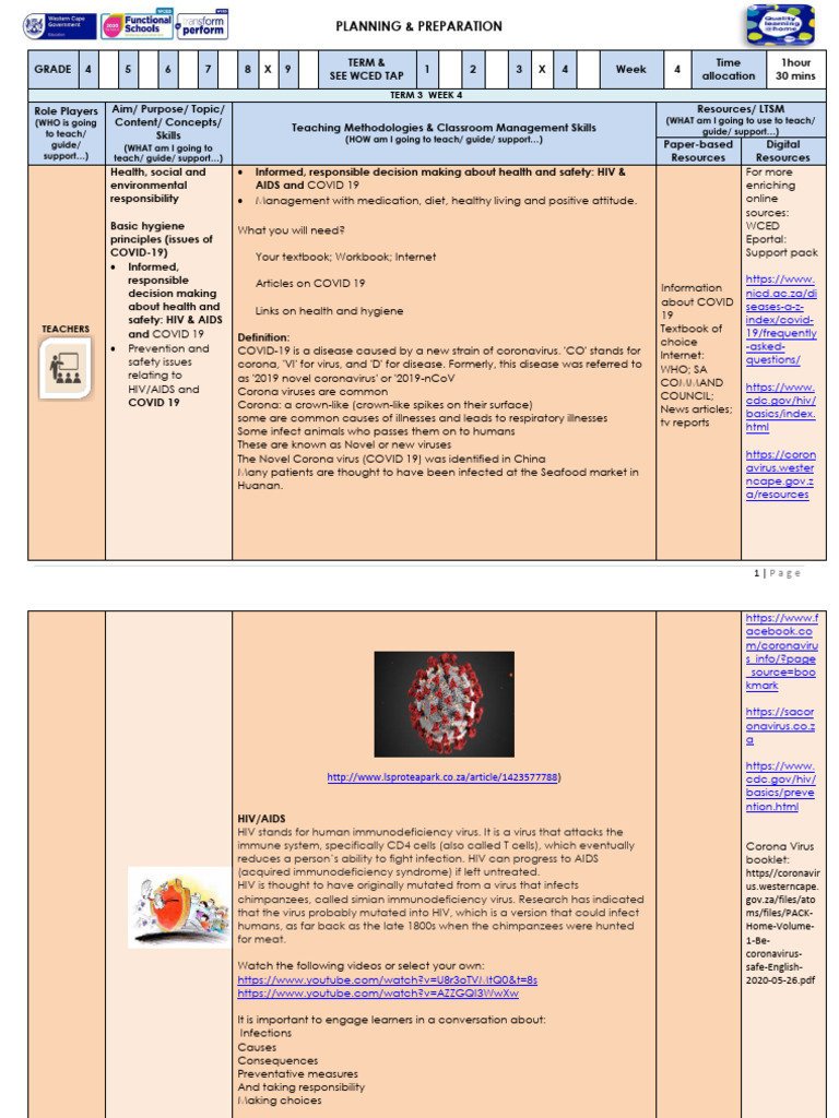 Lesson Plan Gr. 8 Life Orientation Term 3 Week 4 | PDF | Hiv/Aids ...