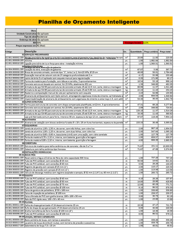 Planilha de Orçamento para Obras Residenciais | PDF | Argamassa ...