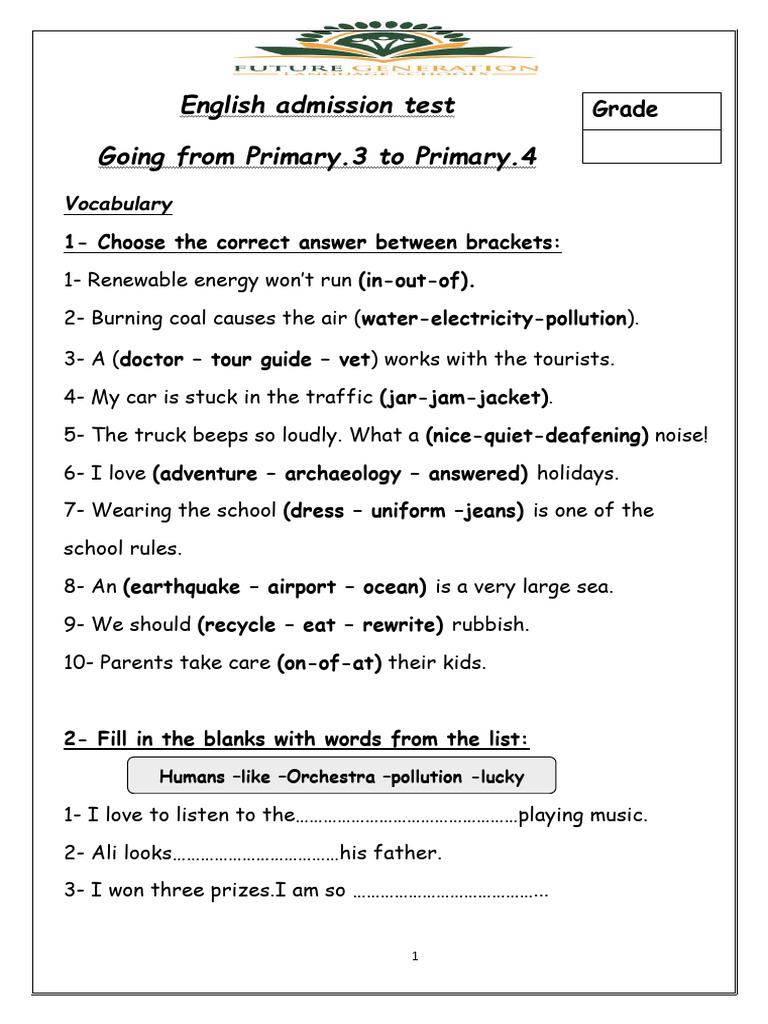English Admission Test for Primary 4 | PDF
