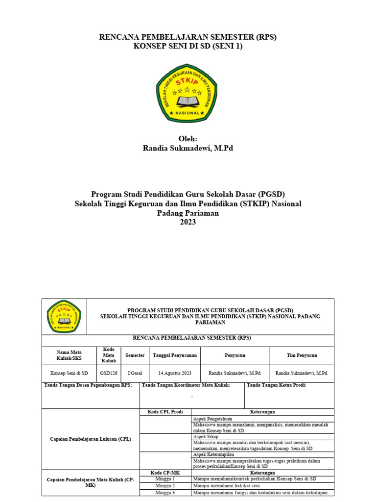 RPS Konsep Seni untuk PGSD SD | PDF