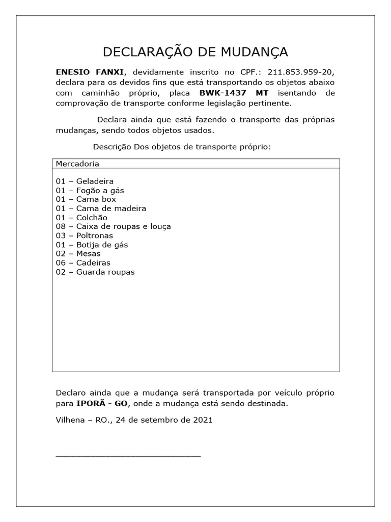 Declaração de Mudança | PDF