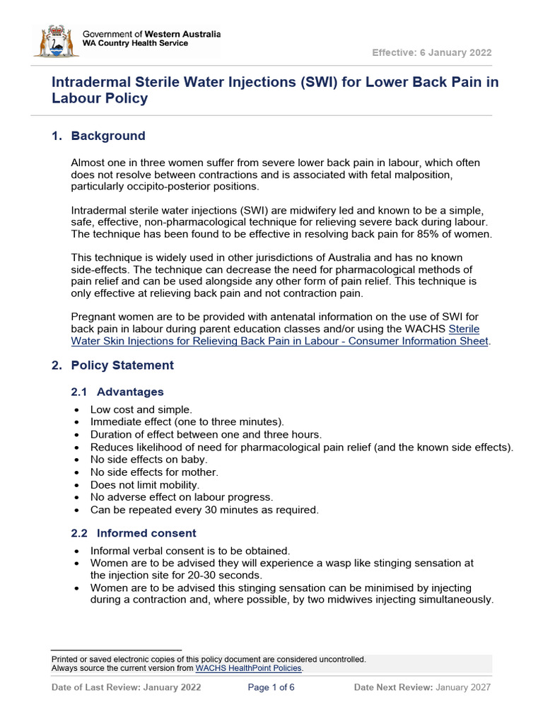 Intradermal Sterile Water Injections for Lower Back Pain in Labour