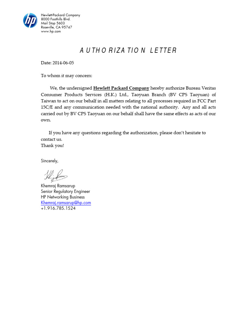 HP Authorization Letter for Bureau Veritas | PDF