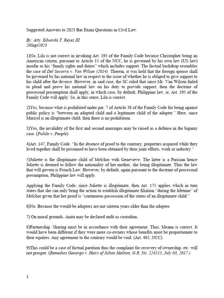 2023 Civil Law Bar Exam Suggested Answers | PDF | Private Law | Common Law