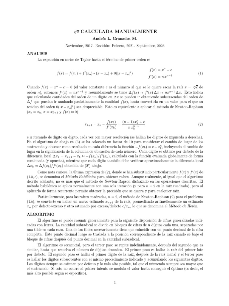 Raiz Enesima Calculada Manualmente Pdf Sustracción Matemáticas