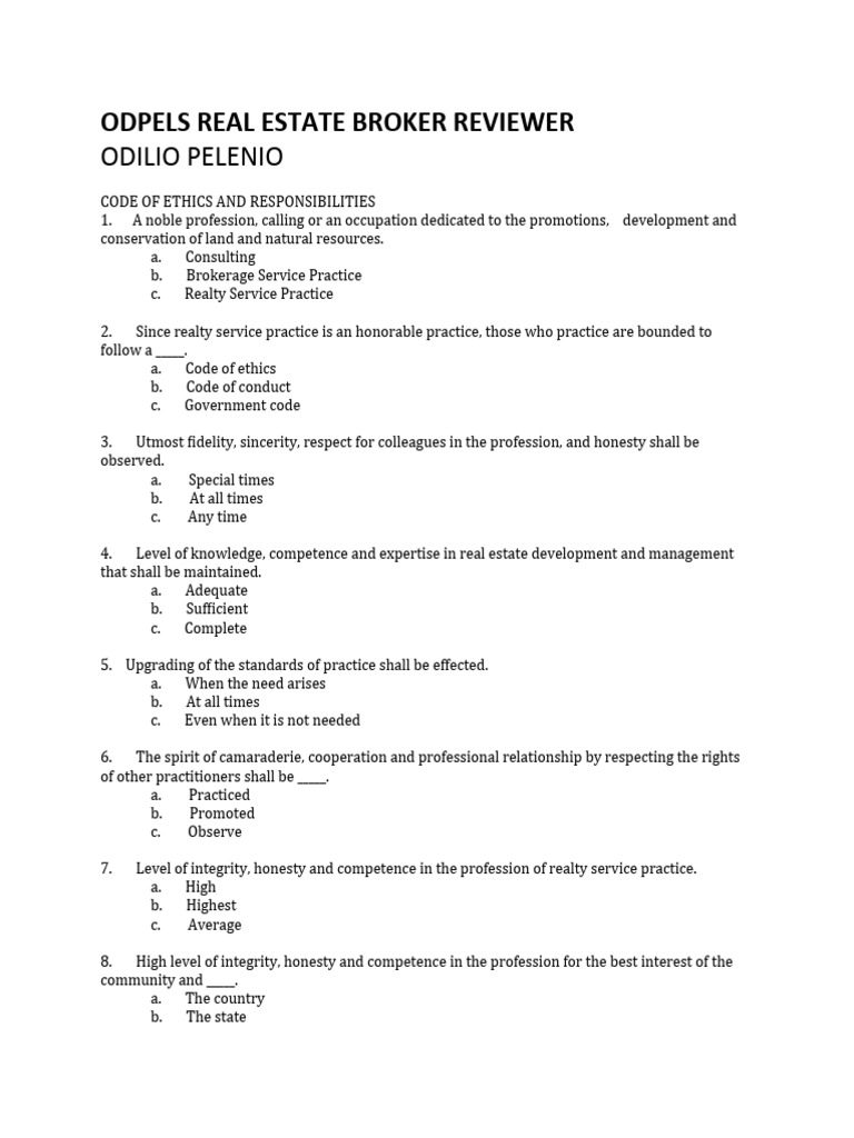 Code of Ethic and Responsibilities Philippine Real Estate Broker