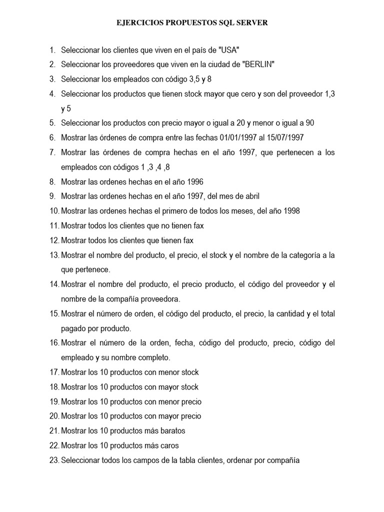 Ejercicios SQL Server para Práctica | PDF | Negocios | Derecho
