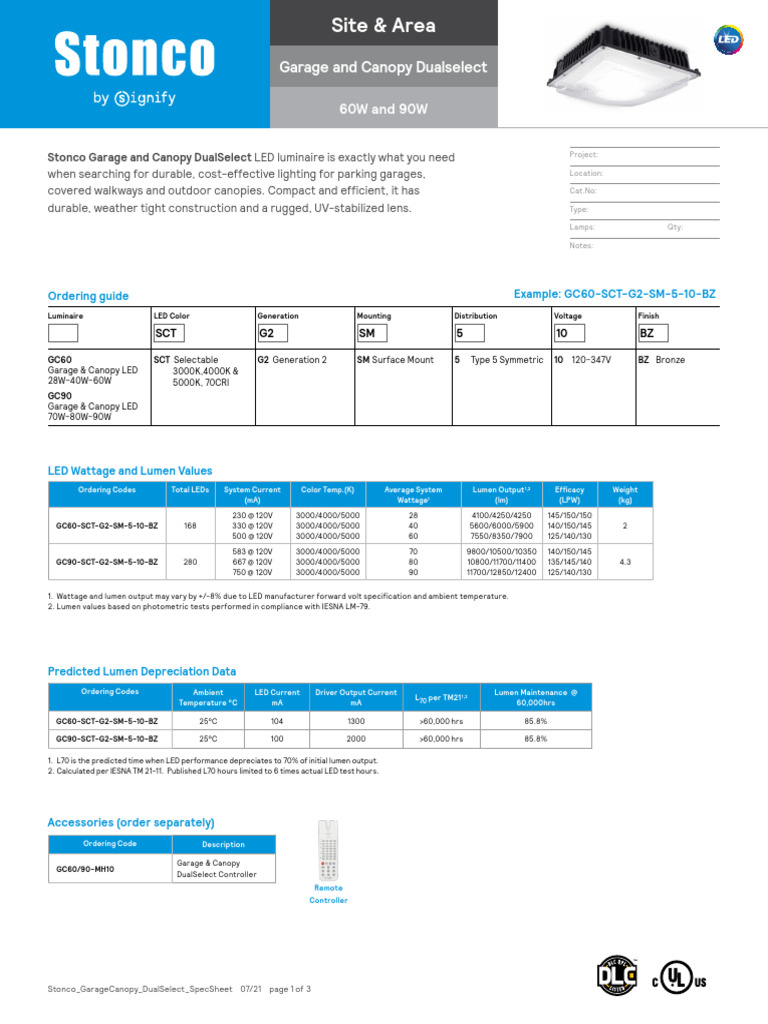 Ficha Técnica 3PH72181 LUMINARIA CANOPY LED 70 80 90W 120277V