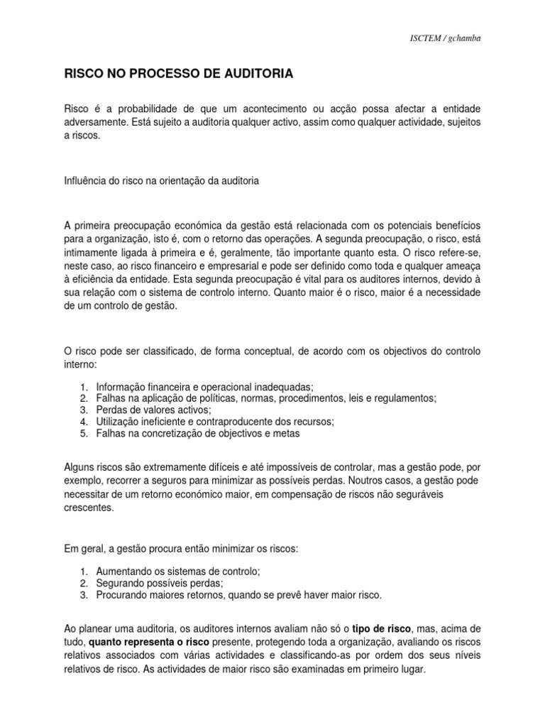 Riscos na Auditoria Empresarial | PDF | Avaliação de risco | Economia