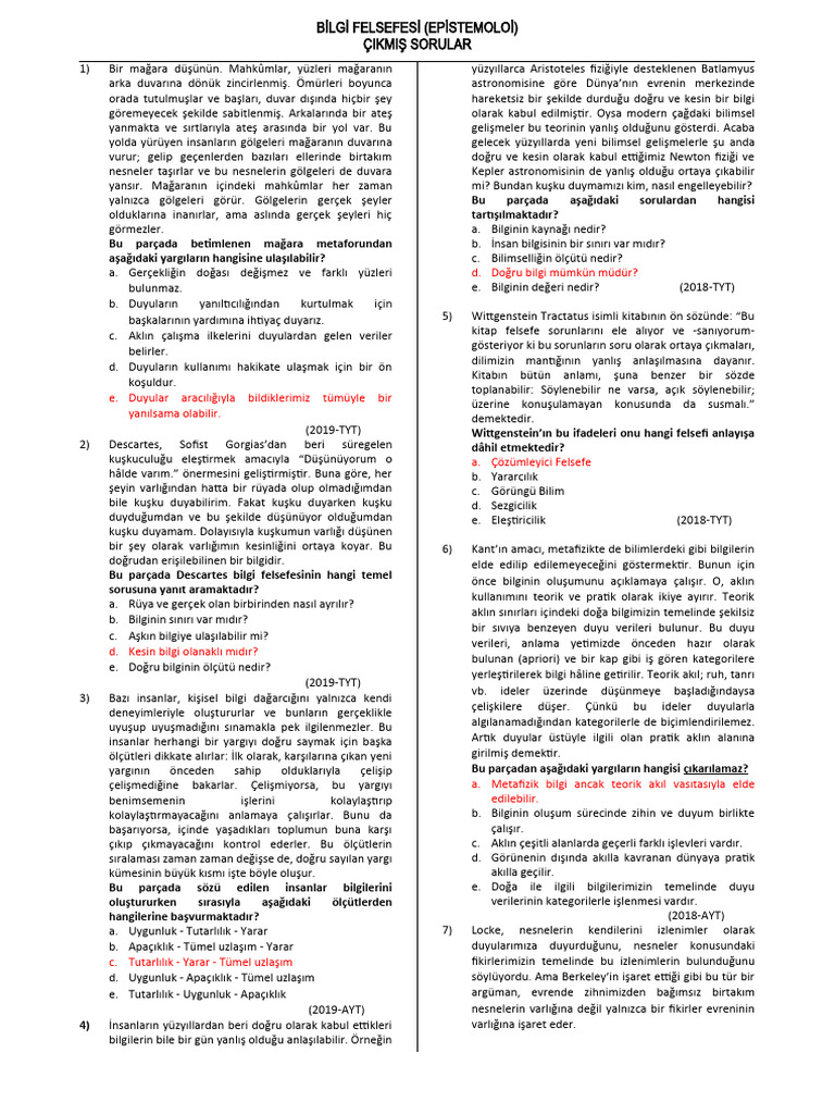 3.bilgi Felsefesi Çıkmış Sorular | PDF