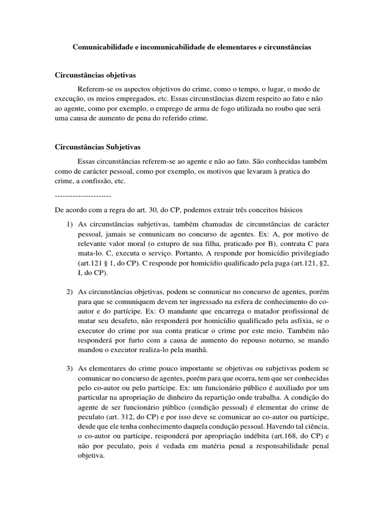 Comunicabilidade E Incomunicabilidade De Elementares E Circunstâncias Pdf