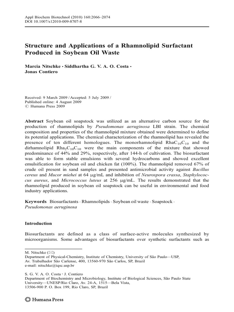 0 Structure and Applications of A RL Produced in Soybean Oil Waste