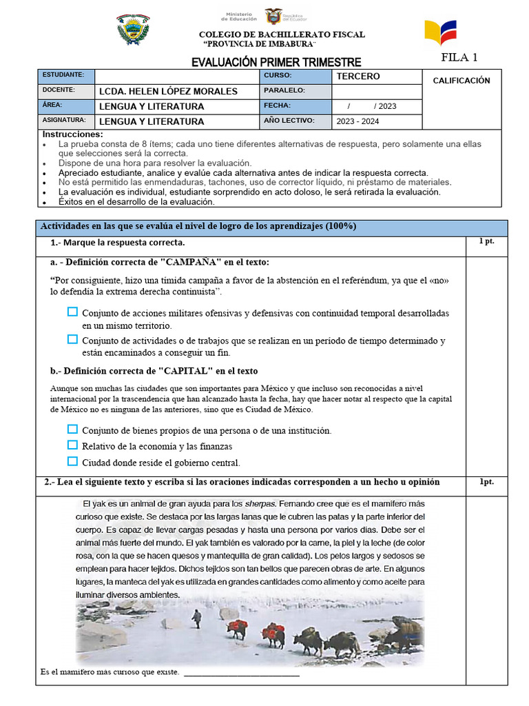 Evaluación Lengua y Literatura 5to Grado | PDF | Evaluación