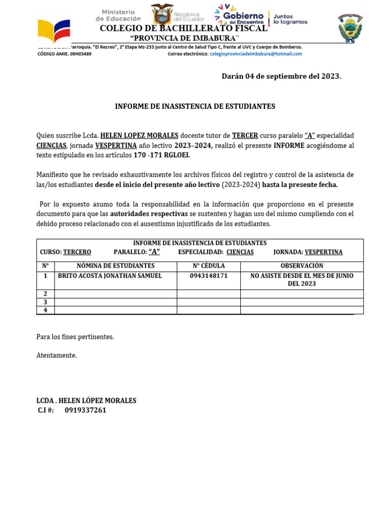 Informe de Inasistencia Escolar 2023 | PDF