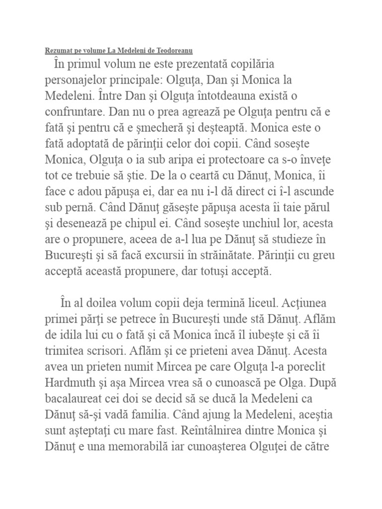 Caprele Irinucai Rezumat Rezumat pe volume La Medeleni de Teodoreanu | PDF