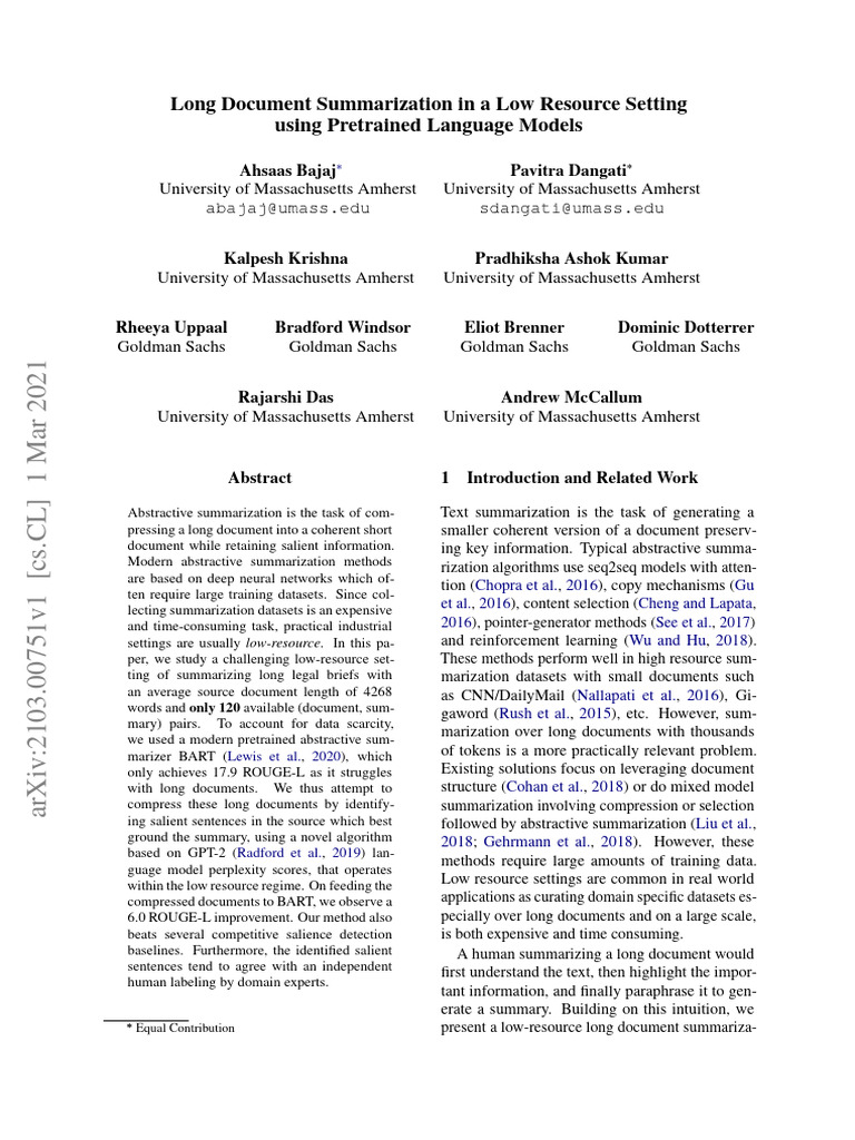 Long Document Summarization in A Low Resource Setting Using Pretrained ...