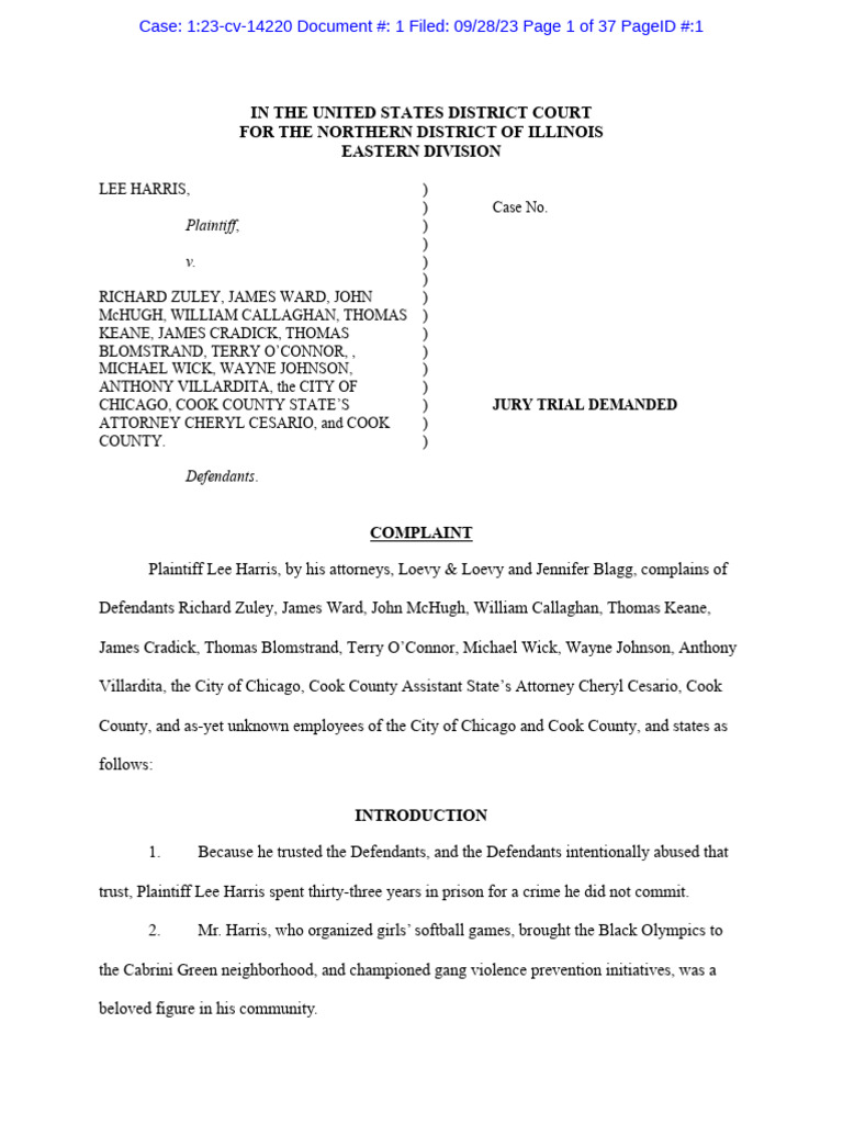 Lee Harris Lawsuit PDF Miscarriage Of Justice Chicago Police