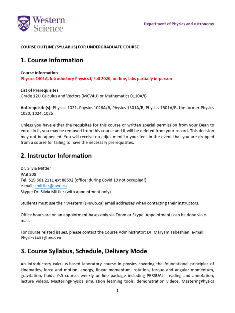 Course Outline Physics 1401 Fall 2020 | PDF