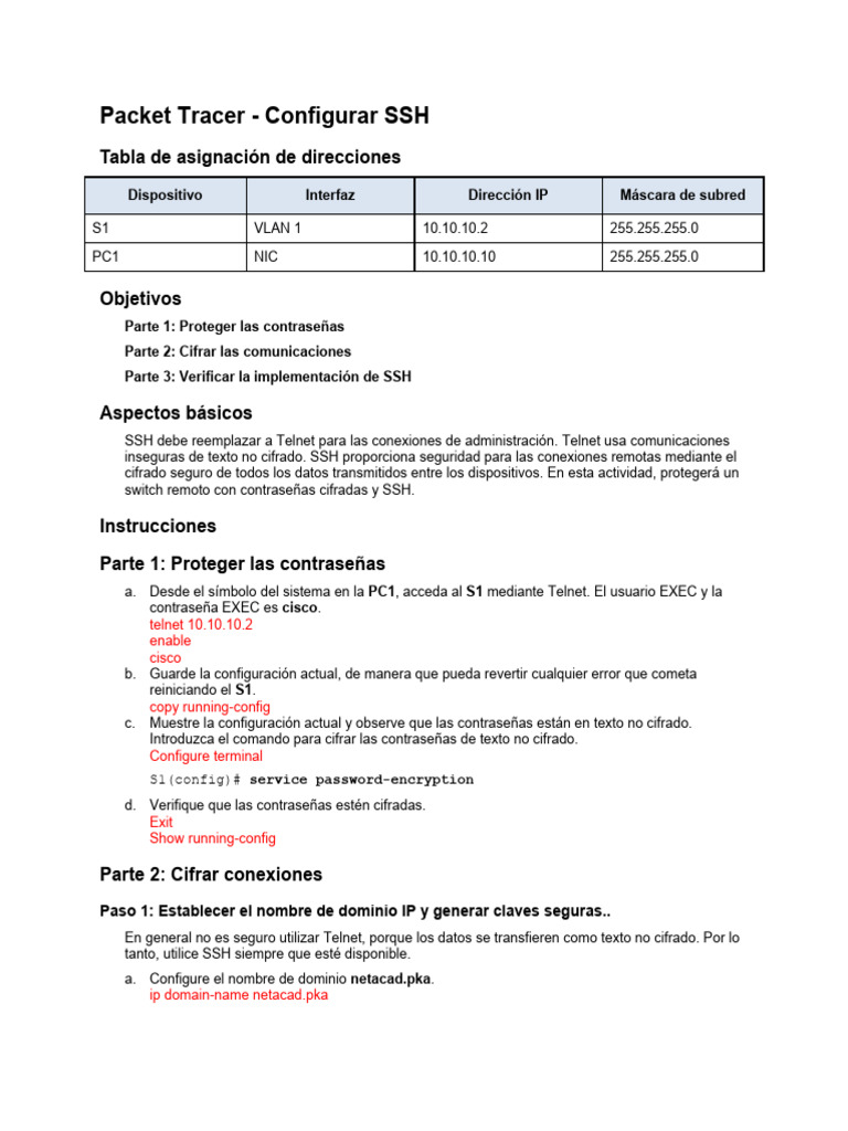 Tarea 1 3 6 packet tracer configurar ssh pdf cubierta segura