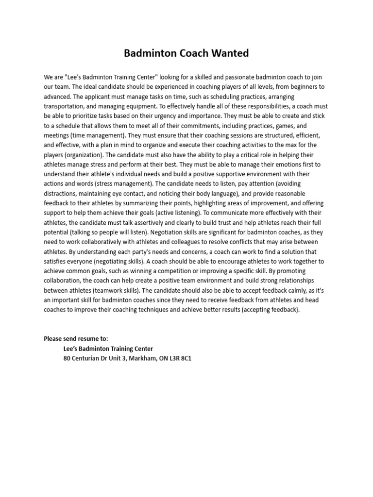 Badminton Coach Wanted PDF