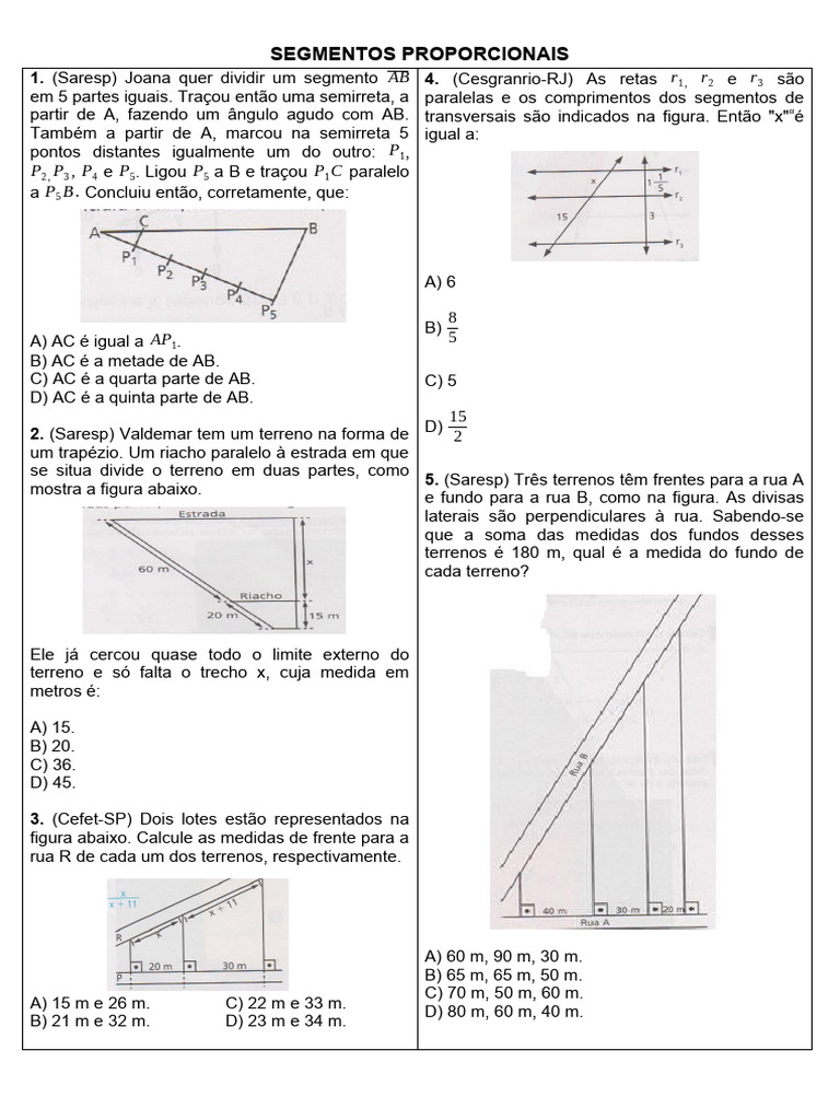 Exercícios sobre Segmentos Proporcionais | PDF