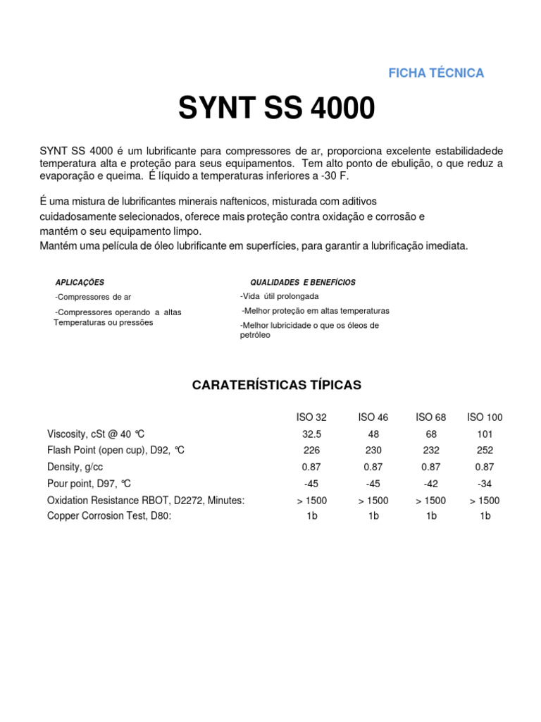 Lubrificante SYNT SS 4000 para Compressores | PDF