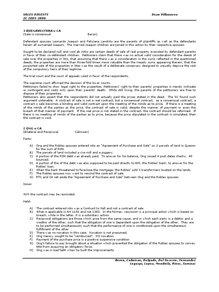 Sales Digest: Key Legal Findings | PDF | Law Of Agency | Lease