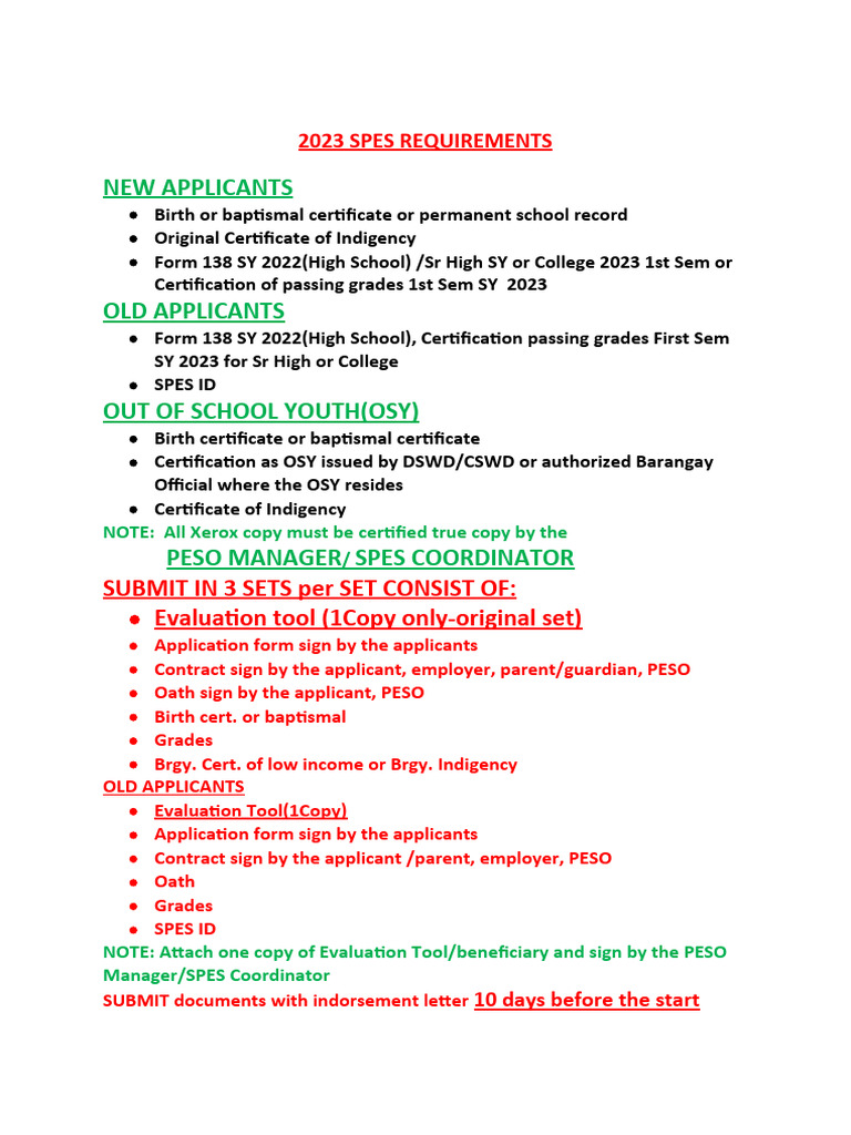 2023 Spes Requirements | PDF | Career & Growth