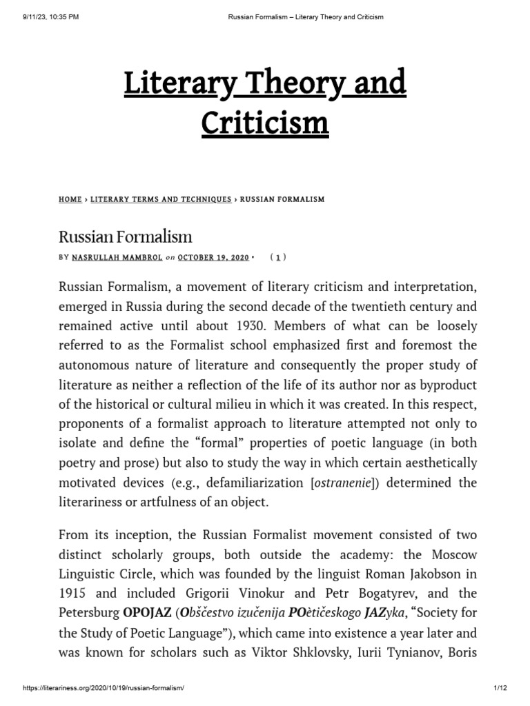 Russian Formalism - Literary Theory and Criticism | PDF