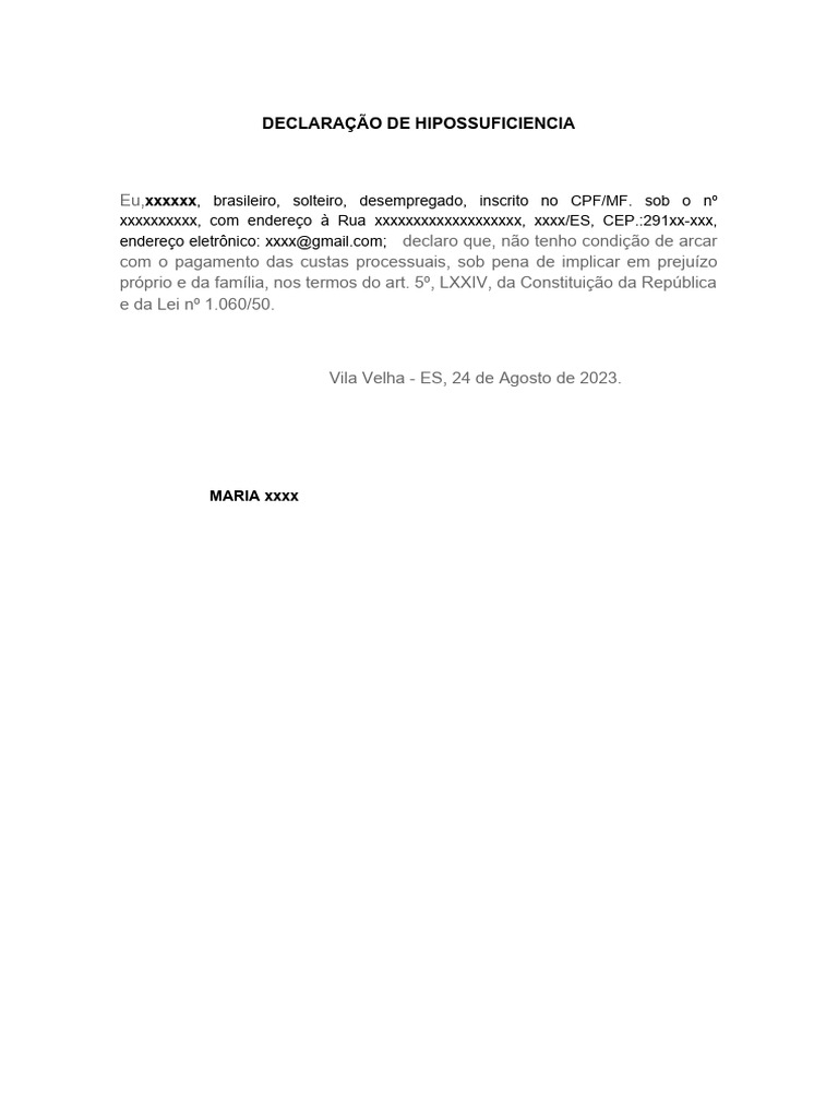 Declaração de Hipossuficiencia Modelo | PDF