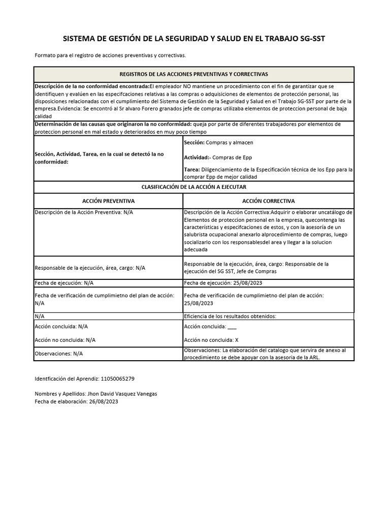 Propuesta Escrita De Acciones Preventivas Y Correctivas A No