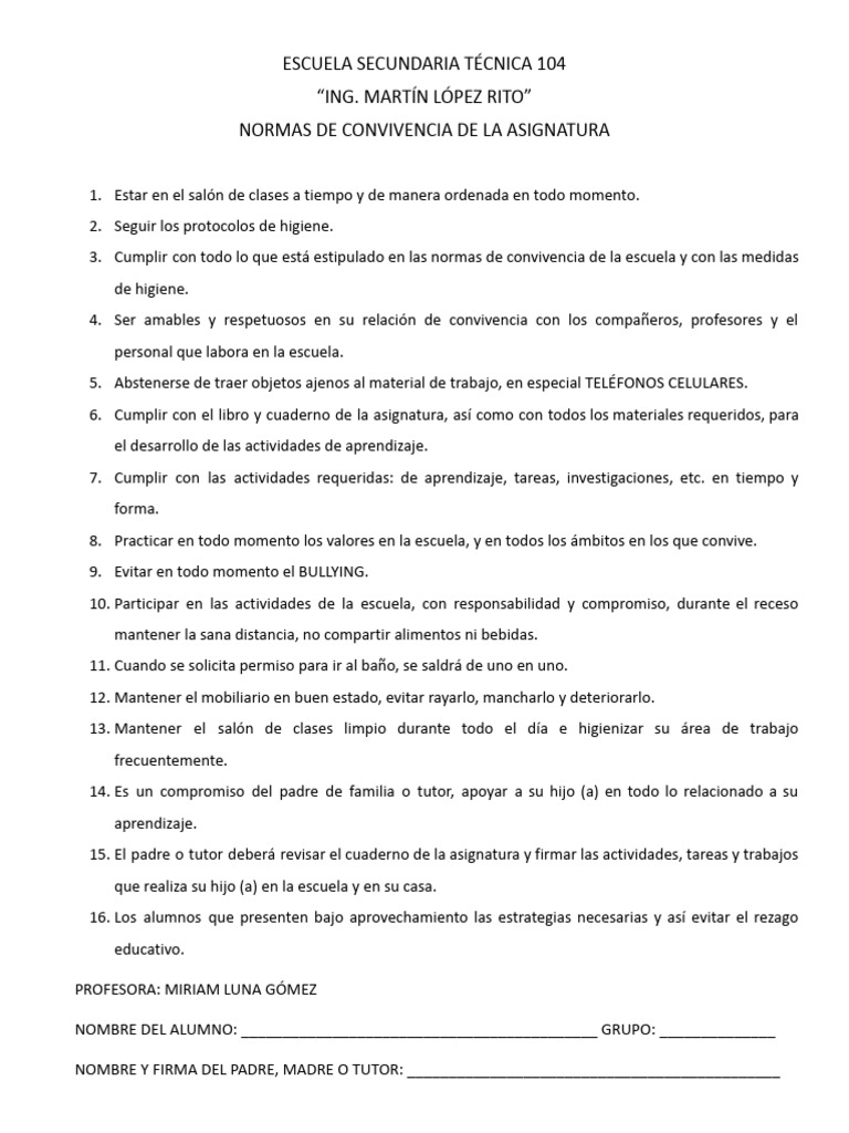 Normas y Lineamientos de Convivencia Escolar | PDF