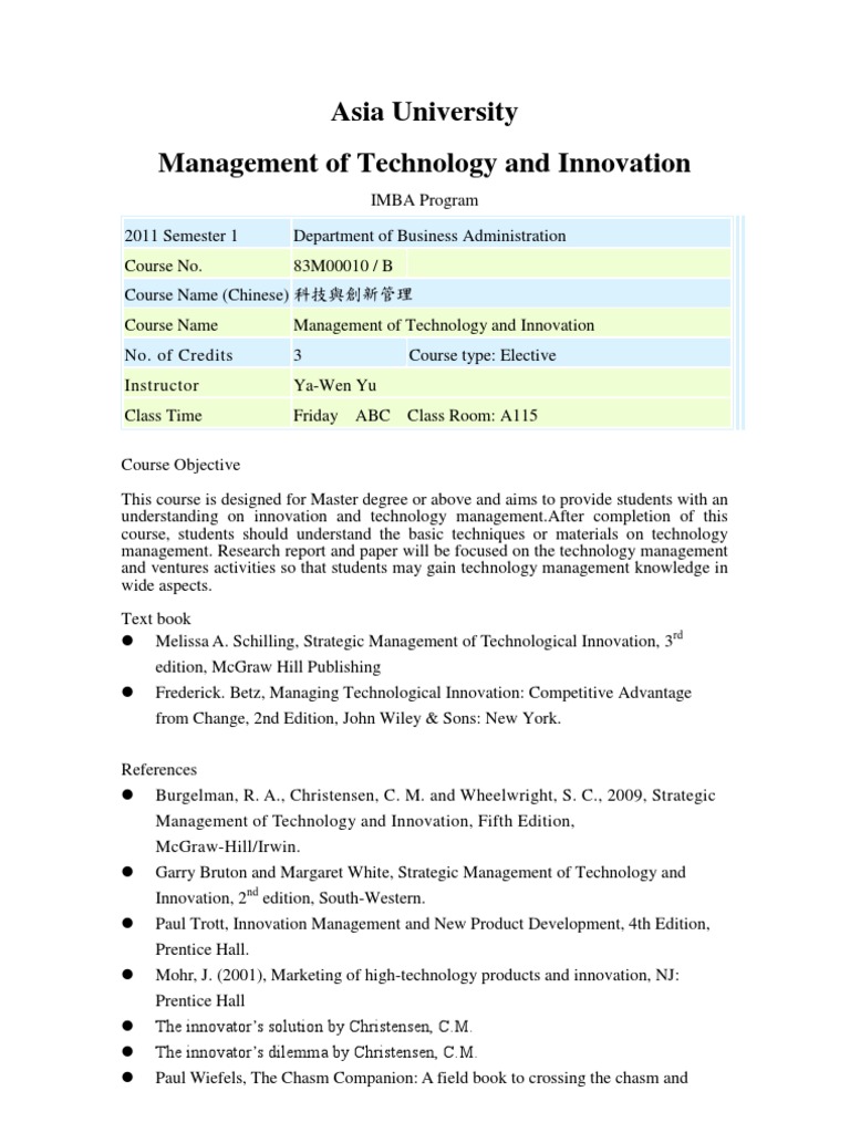 Asia University Management of Technology and Innovation | PDF | Career ...