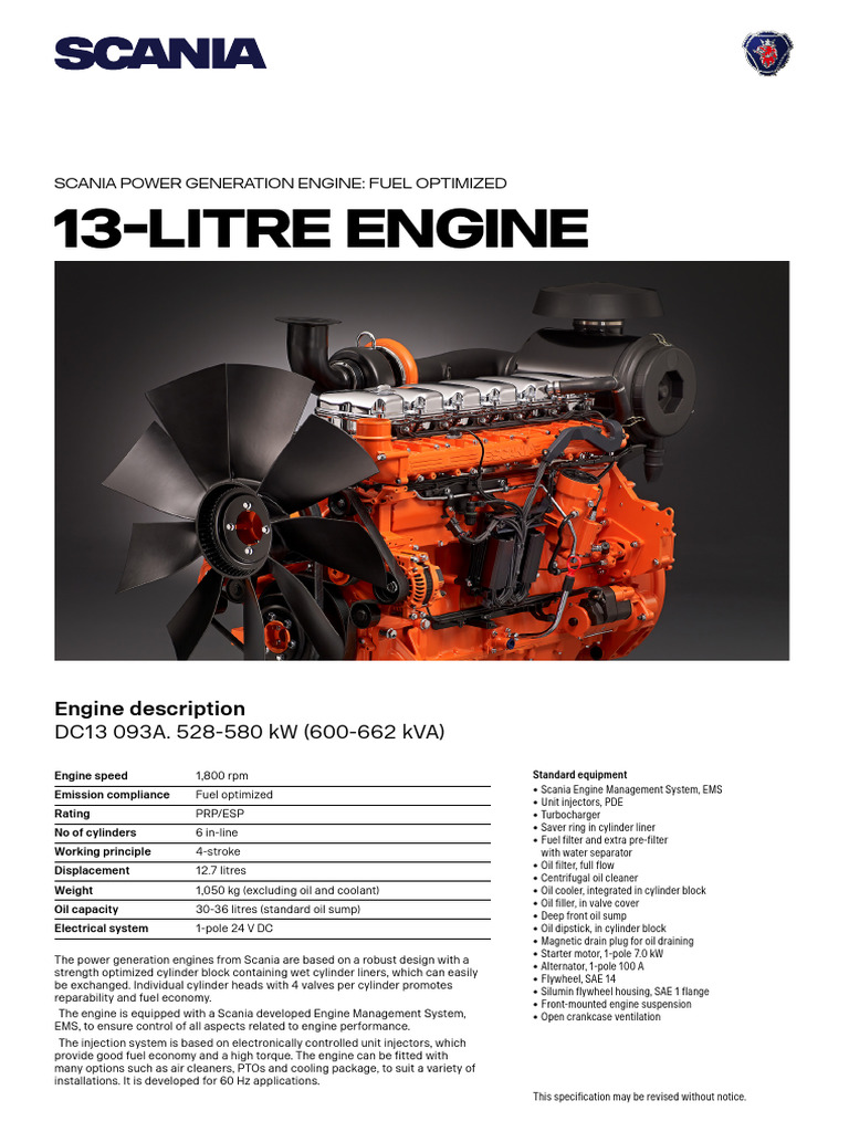 Scania DC13 Engine Specifications Overview | PDF | Engines | Fuel Injection
