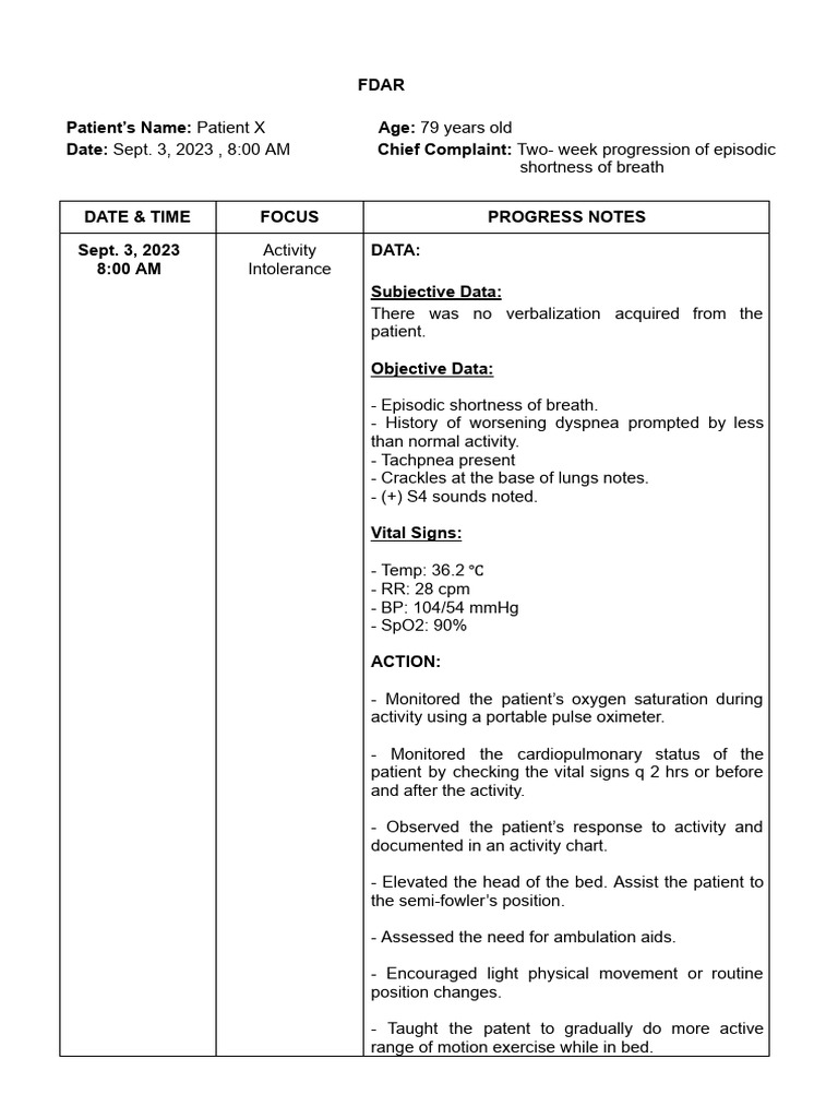 FDAR for Activity Intolerance in CKD | PDF | Breathing | Diseases And ...
