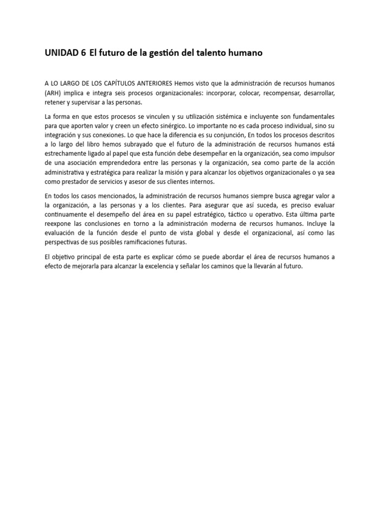 UNIDAD 6 El Futuro de La Gestión Del Talento Humano | PDF
