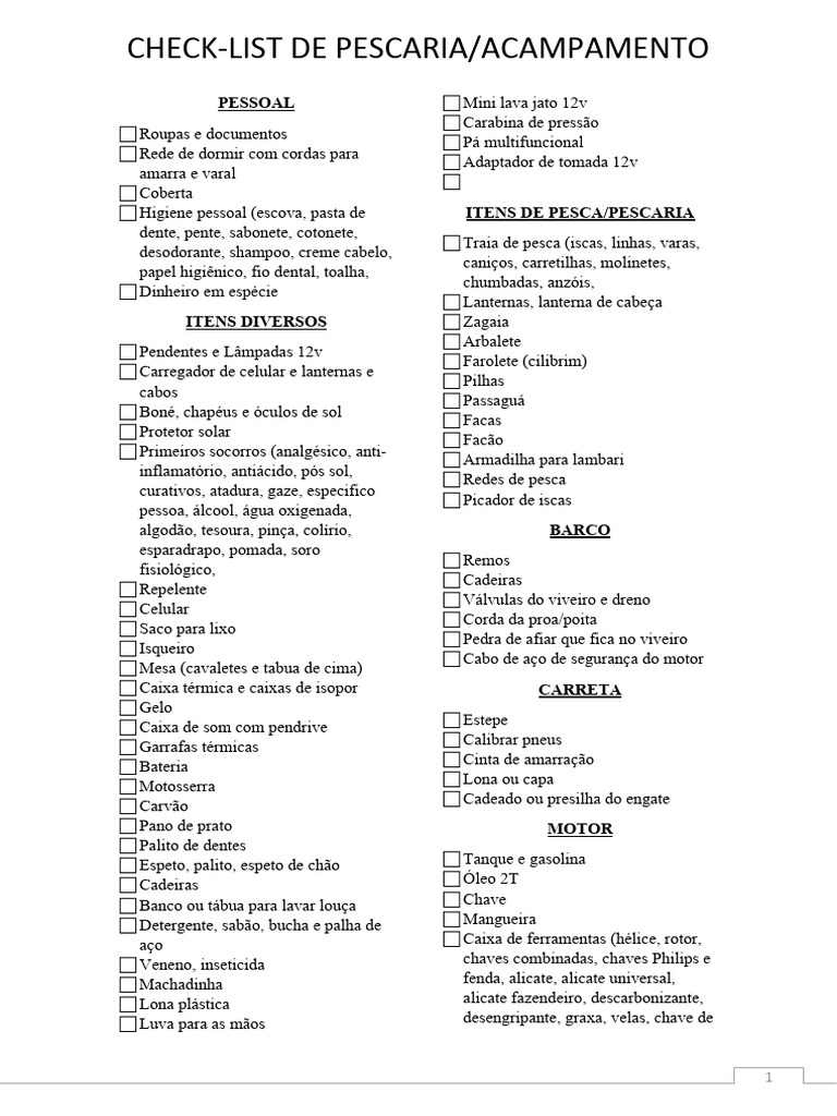 Check-list de Pescaria e Acampamento | PDF | Comidas e bebidas | Alimentos