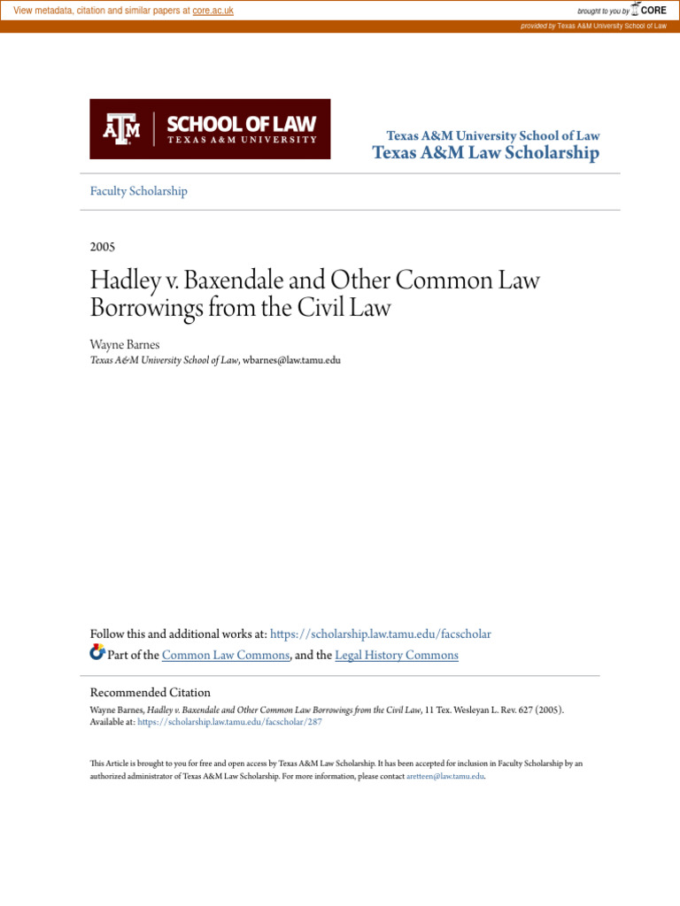 Hadley v. Baxendale and Other Common Law Borrowings From The Civil Law