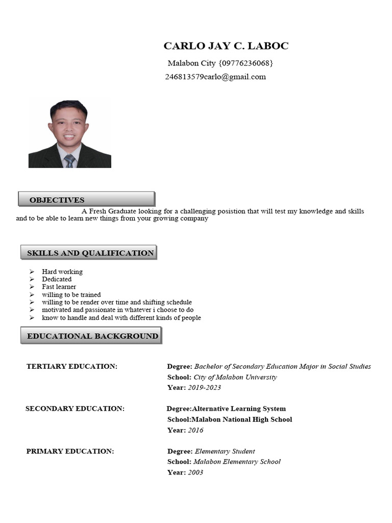 Fresh Graduate Resume - Carlo Jay Laboc | PDF