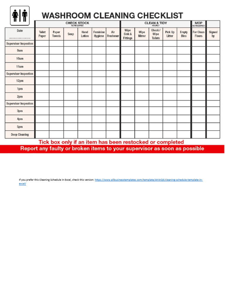 Checklist For Washroom Cleaning