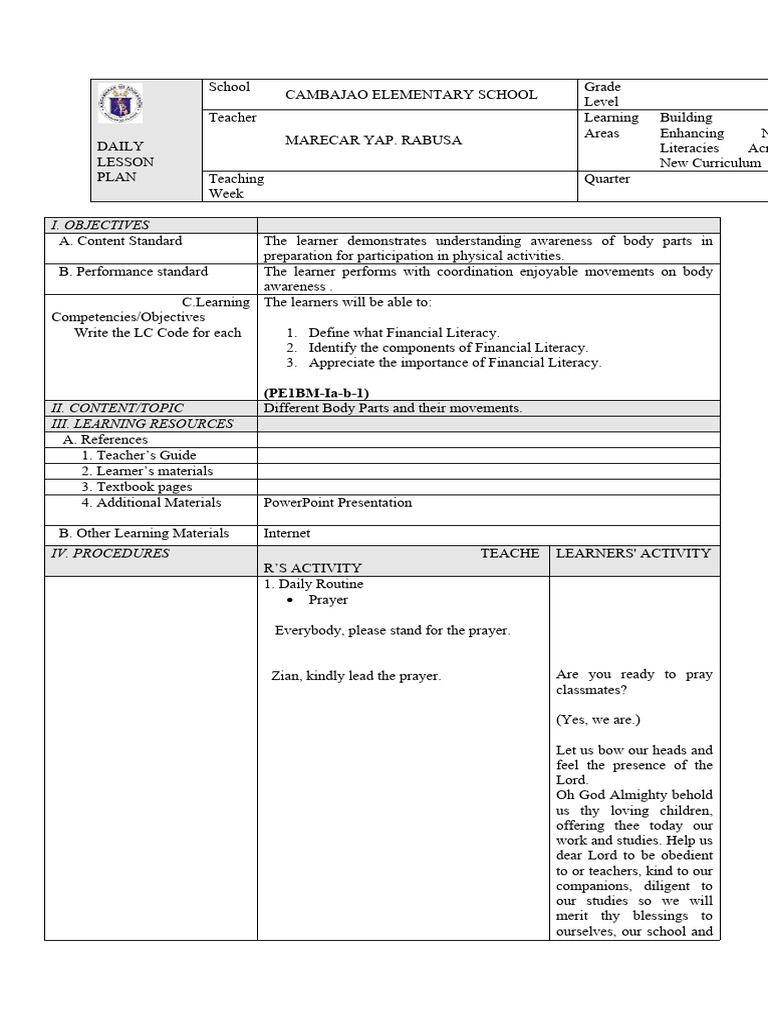 Financial Literacy Lesson Plan for Grade 4 | PDF