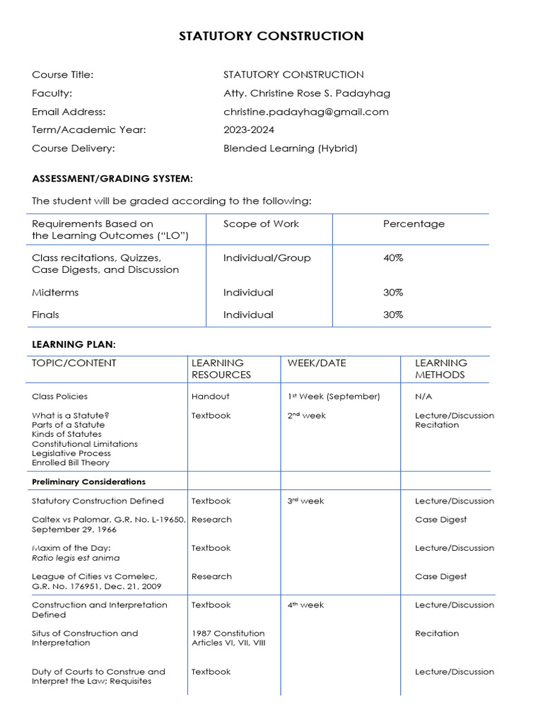 Statutory Construction Syllabus Students Copy 1 | PDF