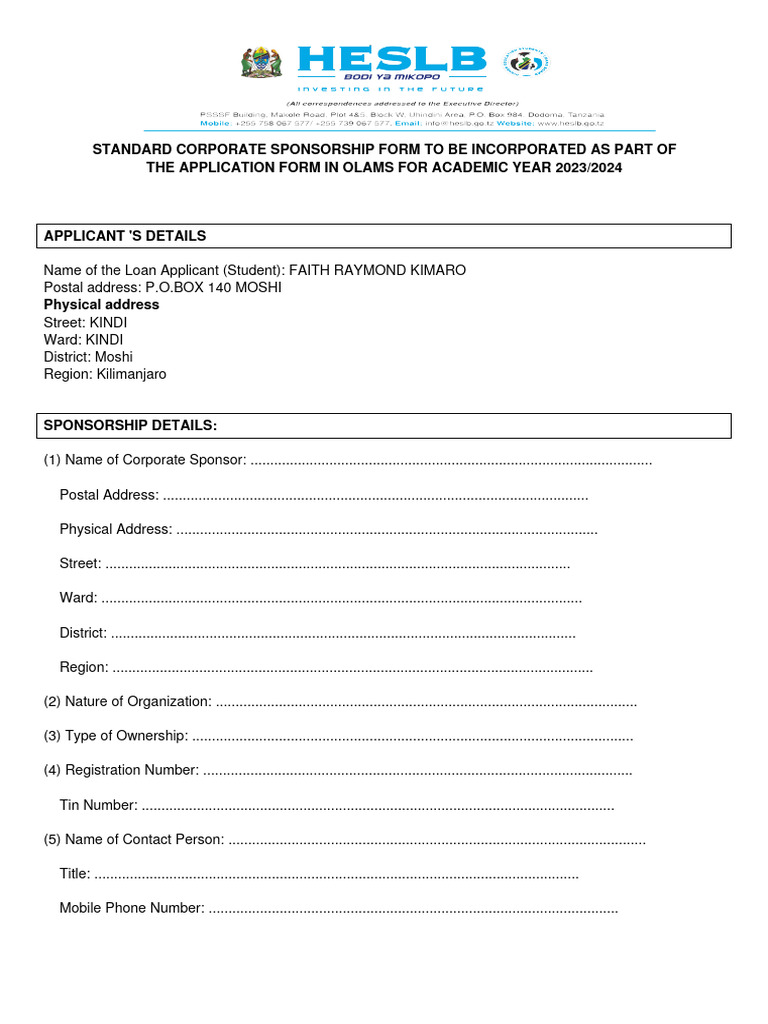 Standard Corporate Sponsorship Form 2023 | PDF