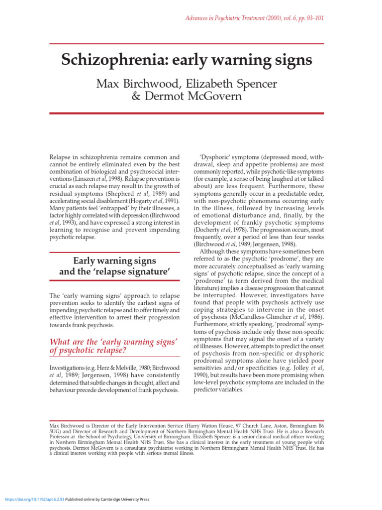 Early Warning Signs of Schizophrenia | PDF | Self-Improvement
