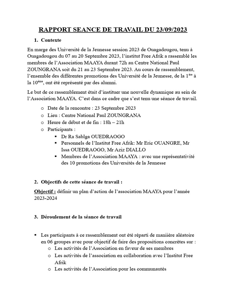 Rapport de séance de travail MAAYA 2023 | PDF